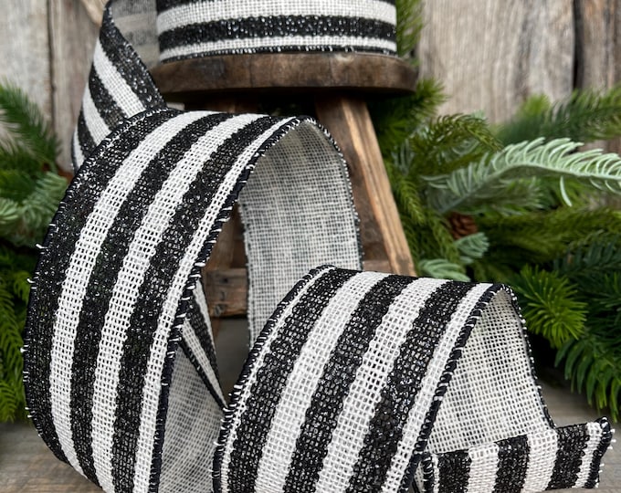 2.5" Black White Scarecrow Stripes Ribbon, Farrisilk Ribbon, Fall Ribbon, Halloween Ribbon, Wired Ribbon, RS097-92
