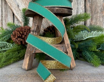 1" Teal Gold Gleam Ribbon, Farrisilk Ribbon, Wired Ribbon, Christmas Ribbon, Teal Ribbon, RS203-18