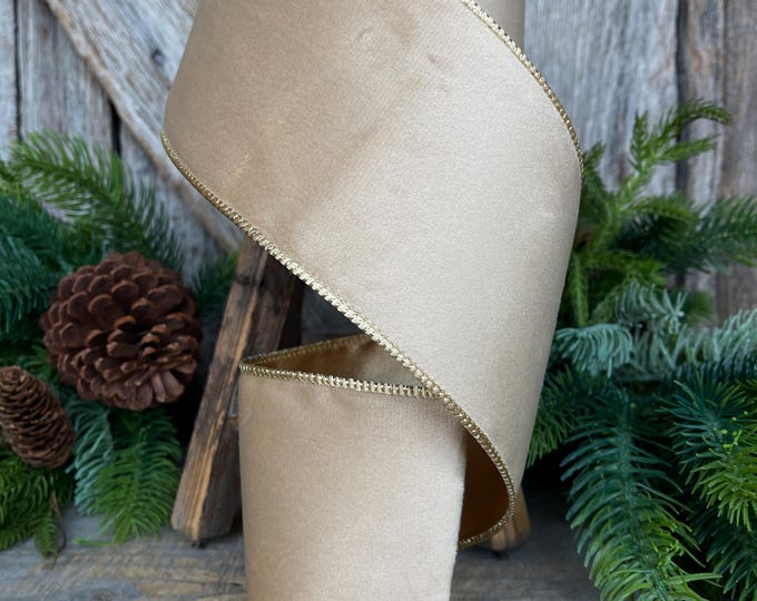 4" Light Gold Velvet RIbbon, Wired Ribbon, Champagne Gold Velvet Ribbon, Christmas Velvet Ribbon