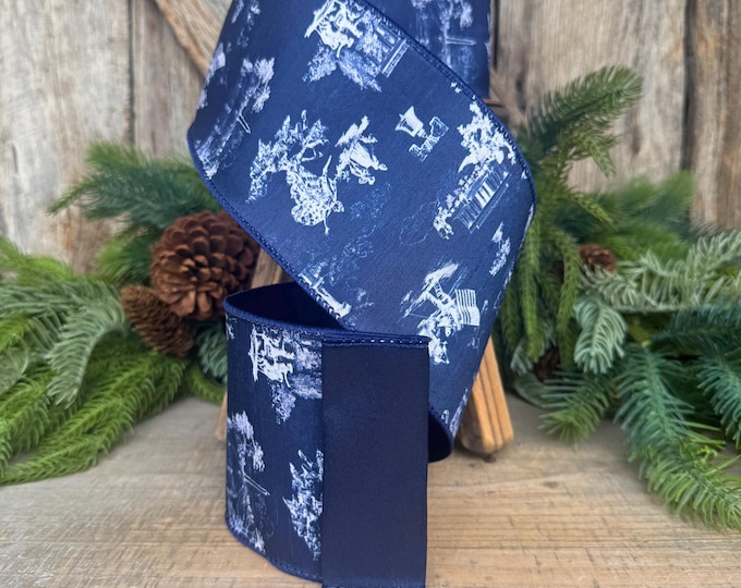 4" Patriotic Toile Ribbon, Navy Blue 4th of July Ribbon