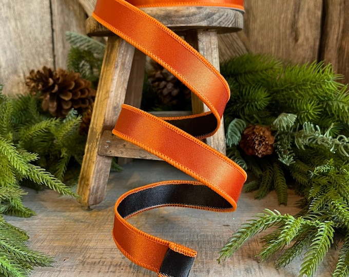1" Orange Black Satin Ribbon, Farrisilk Ribbon, Wired Ribbon, RIbbon, Halloween Ribbon, Orange Ribbon, Designer RIbbon, RS162-92