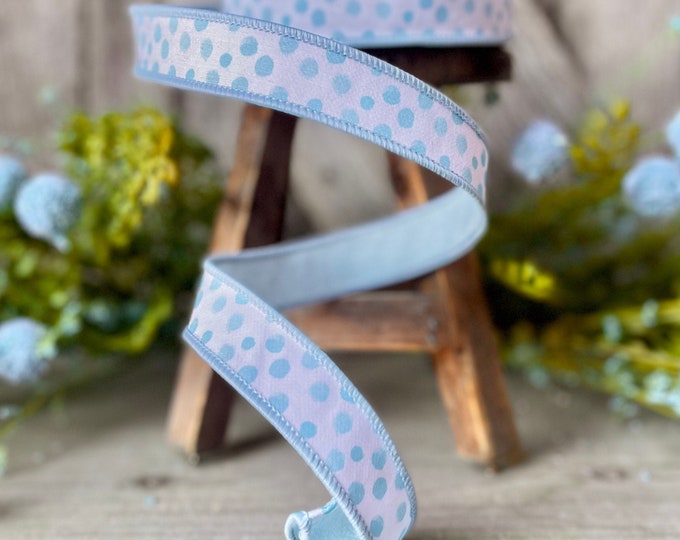 1" Blue Impressionist Dots Wired Ribbon, Farrisilk Ribbon, Blue Polka Dot Ribbon, 1" Ribbon, Narrow Ribbon, Spring Summer Ribbon, Wired