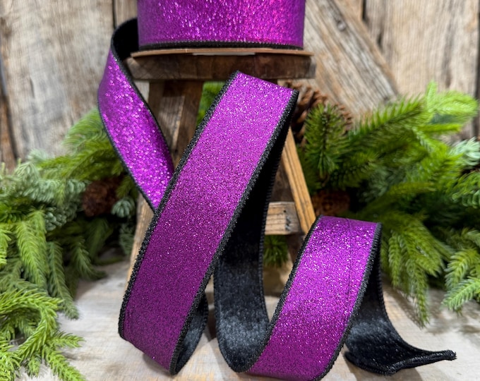 1.5" Purple Glitz Ribbon, Halloween Ribbon, Purple and Black Glitter Ribbon