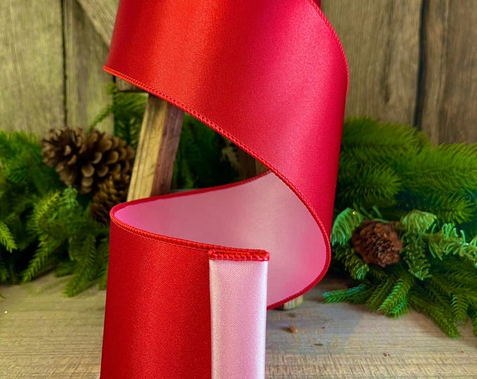 4 Red Pink Satin Duo Ribbon, Farrisilk Ribbon, Christmas Ribbon, Double Sided Ribbon, Wired RIbbon, Designer Ribbon, RS164-02