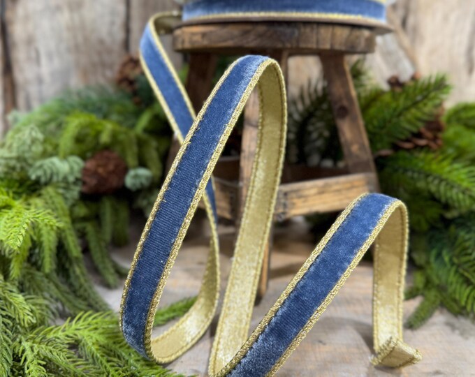 3/4" Steel Blue Flashy Velvet Ribbon, Farrisilk Ribbon, Dusty Blue Velvet Ribbon