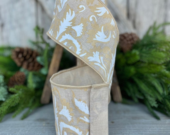 4" Beige Rustic Filigree Ribbon, Farmhouse Ribbon, Wired RIbbon, Fall Ribbon, Everyday Ribbon, Ribbon for Bows, Wreath SUpply, Craft SUpply