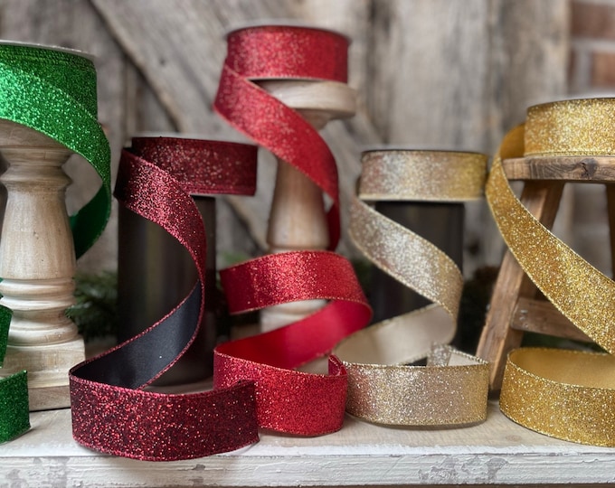 1.5" Christmas Ribbon, Farrisilk Ribbon, Diamond Dust Ribbon, Red, Emerald Green, Ruby, Gold, Light Gold, Wired Ribbon, Glitter Ribbon