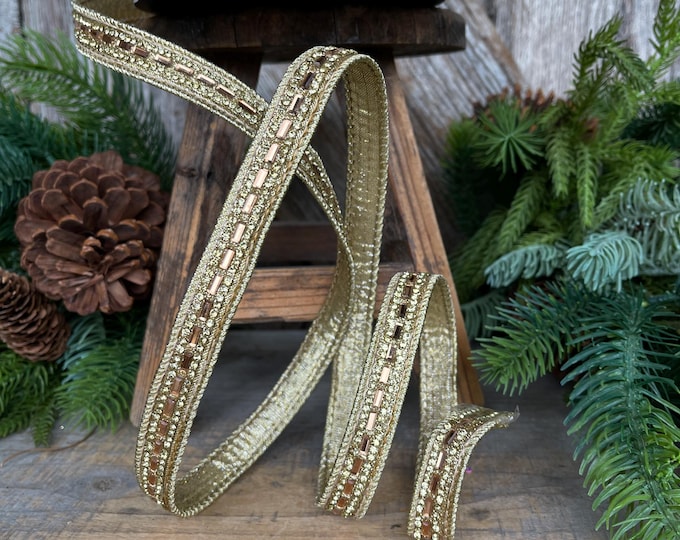 3/4" Gold Jeweled Ribbon,  Farrisilk Brilliant Baguettes Ribbon, RK809-50