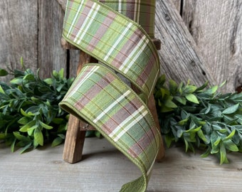 2.5" Green Moss and Brown Fall Plaid Ribbon, Woodsey Fall Ribbon, Farrisilk Ribbon, Plaid Ribbon, Moss and Brown Plaid, Wired Ribbon