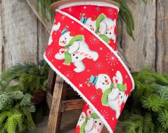 Cinta con alambre de muñeco de nieve retro de 4 pulgadas, cinta con borde de pompón rojo y blanco.