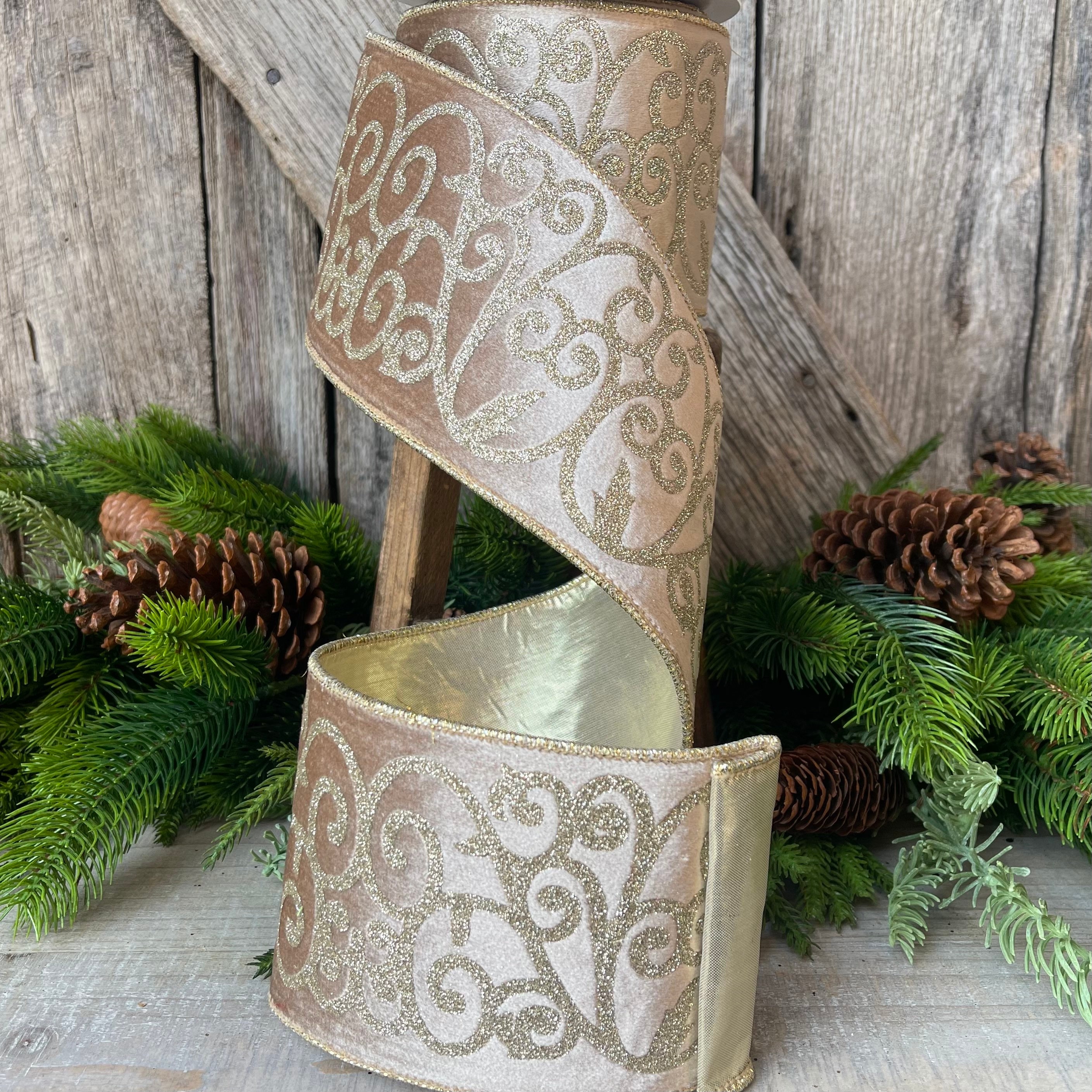 4 Champagne Gold Swirl Ribbon,, Gold Ribbon, Christmas Tree Ribbon
