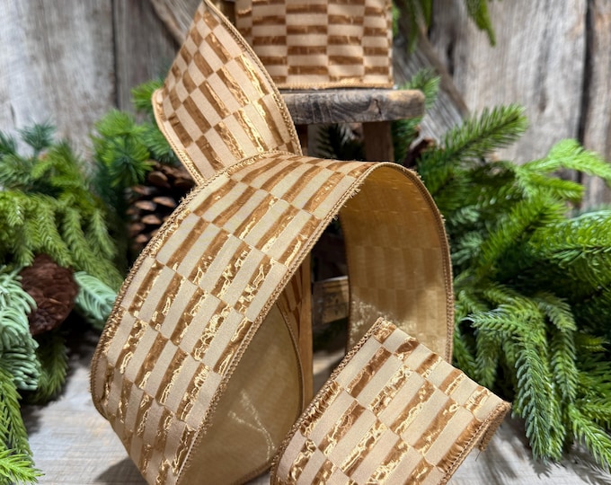 2.5" Gold RIbbon, Antique Gold Zellige Ribbon, Farrisilk Ribbon
