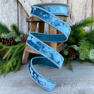 1&quot; Steel Blue Silky Velvet, Farrisilk Velvet, Designer Ribbon, Christmas Ribbon, Blue Ribbon, Velvet Ribbon, Wired Ribbon, Steel Blue RIbbon