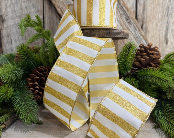 2.5" Gold and white striped ribbon, Christmas Ribbon