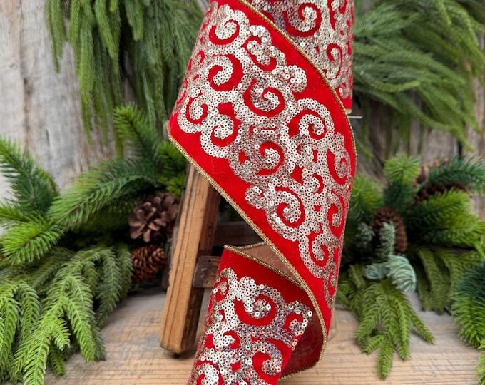 4" Red Gold Sequin Ribbon, Christmas Ribbon