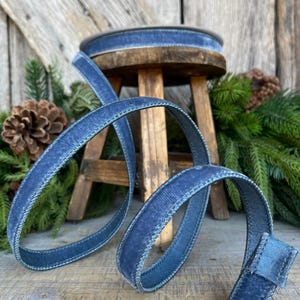 Farrisilk 3/4&quot; Steel Blue Velvet Luster, Blue Velvet Ribbon, Muted Blue Ribbon, Steel Blue Ribbon, Christmas Ribbon, Velvet Trim, Wired