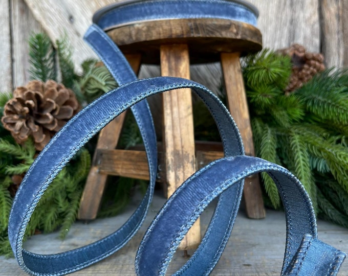 Farrisilk 3/4" Steel Blue Velvet Luster, Blue Velvet Ribbon, Muted Blue Ribbon, Steel Blue Ribbon, Christmas Ribbon, Velvet Trim, Wired