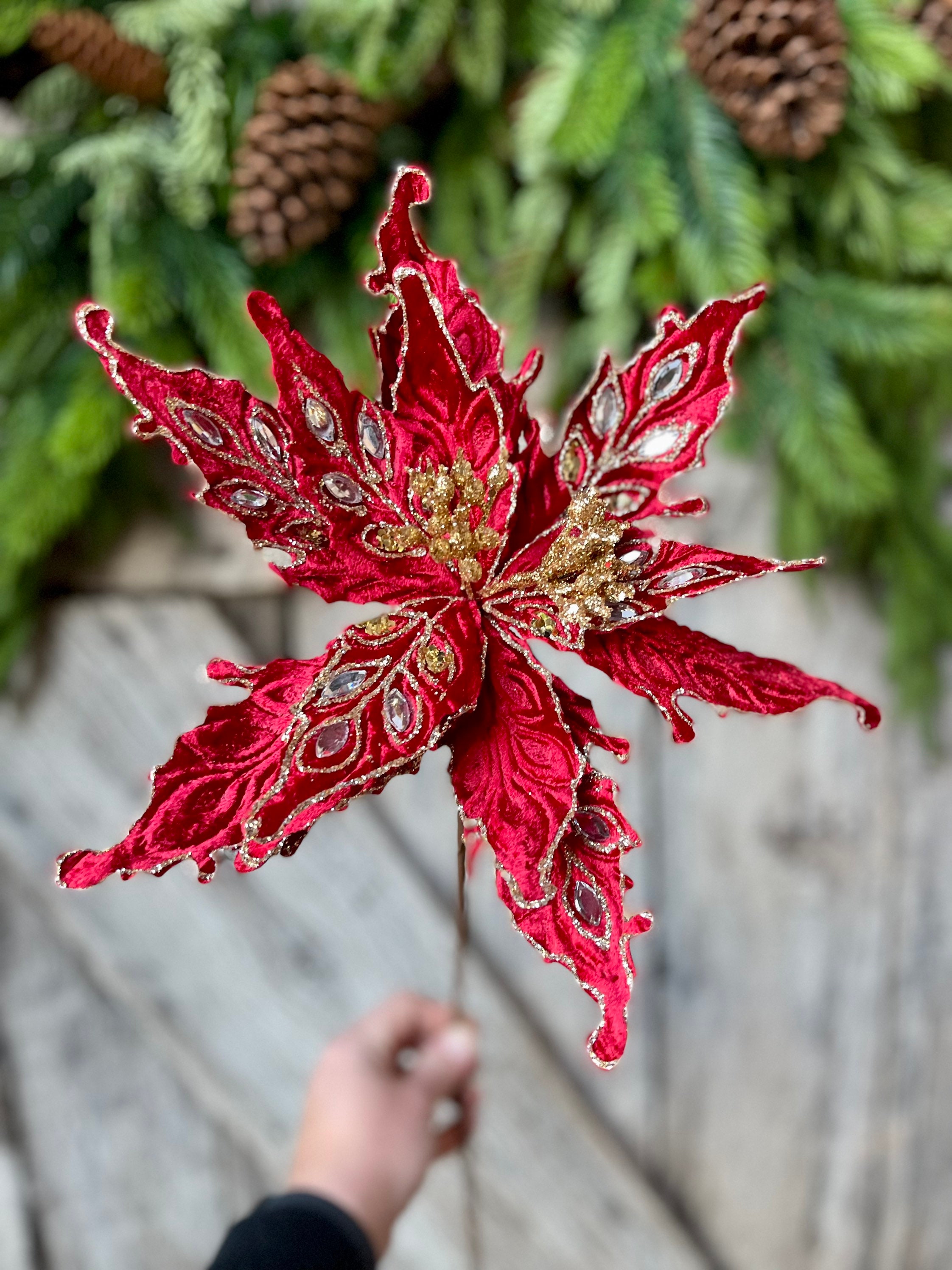 Red Jeweled Poinsettia Stem, Christmas Poinsettia, Scarlet Red