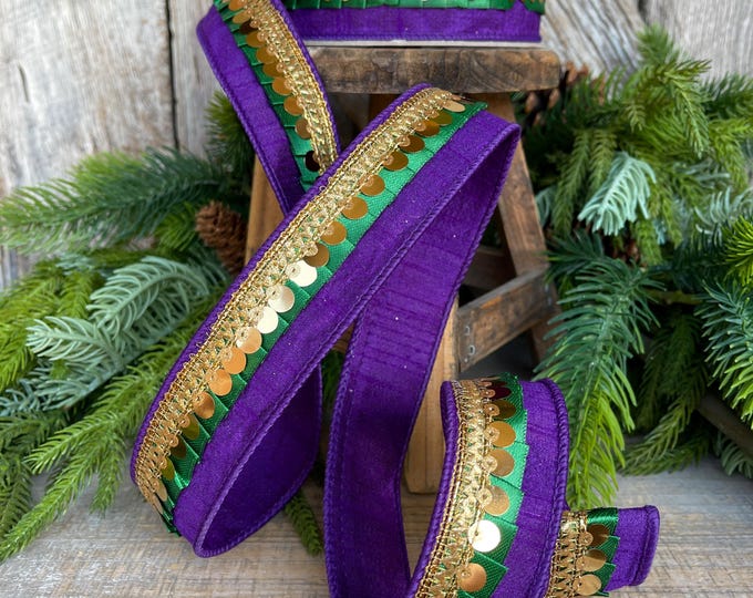 2.5" Mardi Gras Ribbon, Farrisilk Ribbon, Festive Frills, Purple Green Gold Ribbon, Wired RIbbon, Mardi Gras Decor, RK783-58