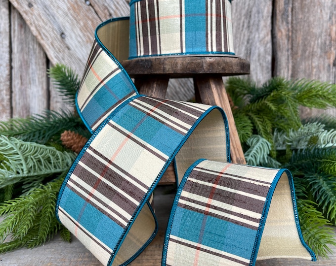 2.5" Fall Plaid Ribbon, Chocolate Hampton Plaid Ribbon, Farrisilk Ribbon, Brown Teal Plaid, Wired RIbbon,Designer Ribbon,RK500-23