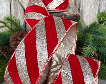 2.5" Red Gold Ribbon Diagonal Stripe, Christmas Tree Ribbon, Red Velvet Ribbon