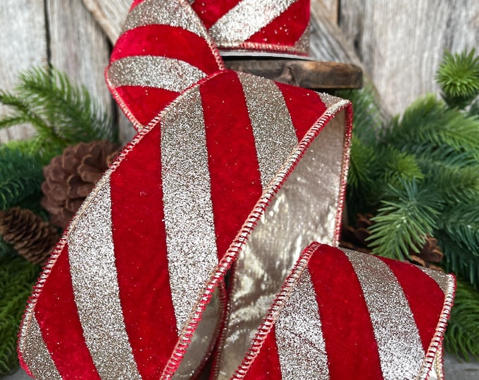 2.5" Red Gold Ribbon Diagonal Stripe, Christmas Tree Ribbon, Red Velvet Ribbon