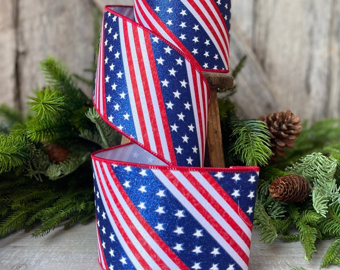 4" Stars and Stripes Ribbon by Farrisilk, Patriotic Wired Ribbon, American Ribbon, 4th of July ribbon, Americana Decor, Wired Ribbon