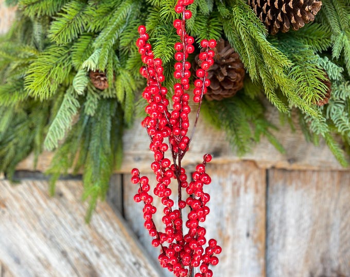 24" Bright Red Berry Spray, Christmas Berries Stem, Christmas Tree Berries