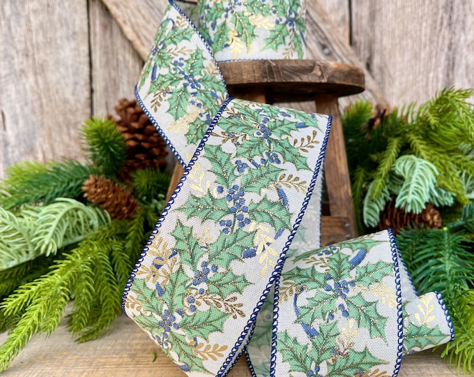 2.5" Holly Leaf Ribbon, Blueberry Pine Ribbon, Wired Ribbon, Christmas Ribbon, Woodsy Ribbon, 72554-40-05