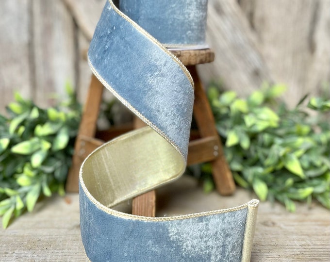 2.5" French Blue Velvet, Light Blue Velvet Ribbon, Wired Ribbon, Ribbon, Velvet Ribbon, Christmas Ribbon, Blue and Champagne Gold Ribbon