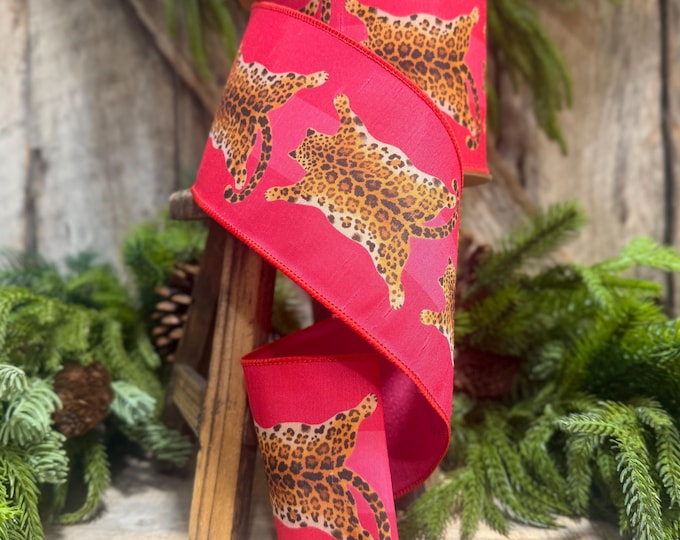 4" Tiger Rug Ribbon, Animal skin ribbon, Pink and Red