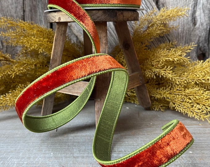 1" Cinnamon Olive Velvet, 2 tone velvet, fall velvet, wired ribbon, autumn wired ribbon, craft supply, orange rust ribbon, orange ribbon