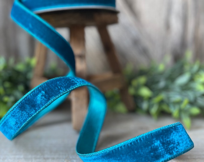 1" Turquoise Velvet Luster RIbbon, Farrisilk Ribbon, Velvet RIbbon, Wired RIbbon, Designer RIbbon, Velvet Ribbon, Christmas Velvet