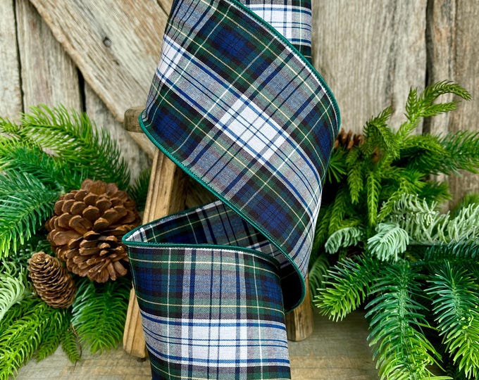 4" Blue Christmas Plaid Ribbon,Blue Green Plaid Ribbon, Traditional Christmas Plaid Ribbon