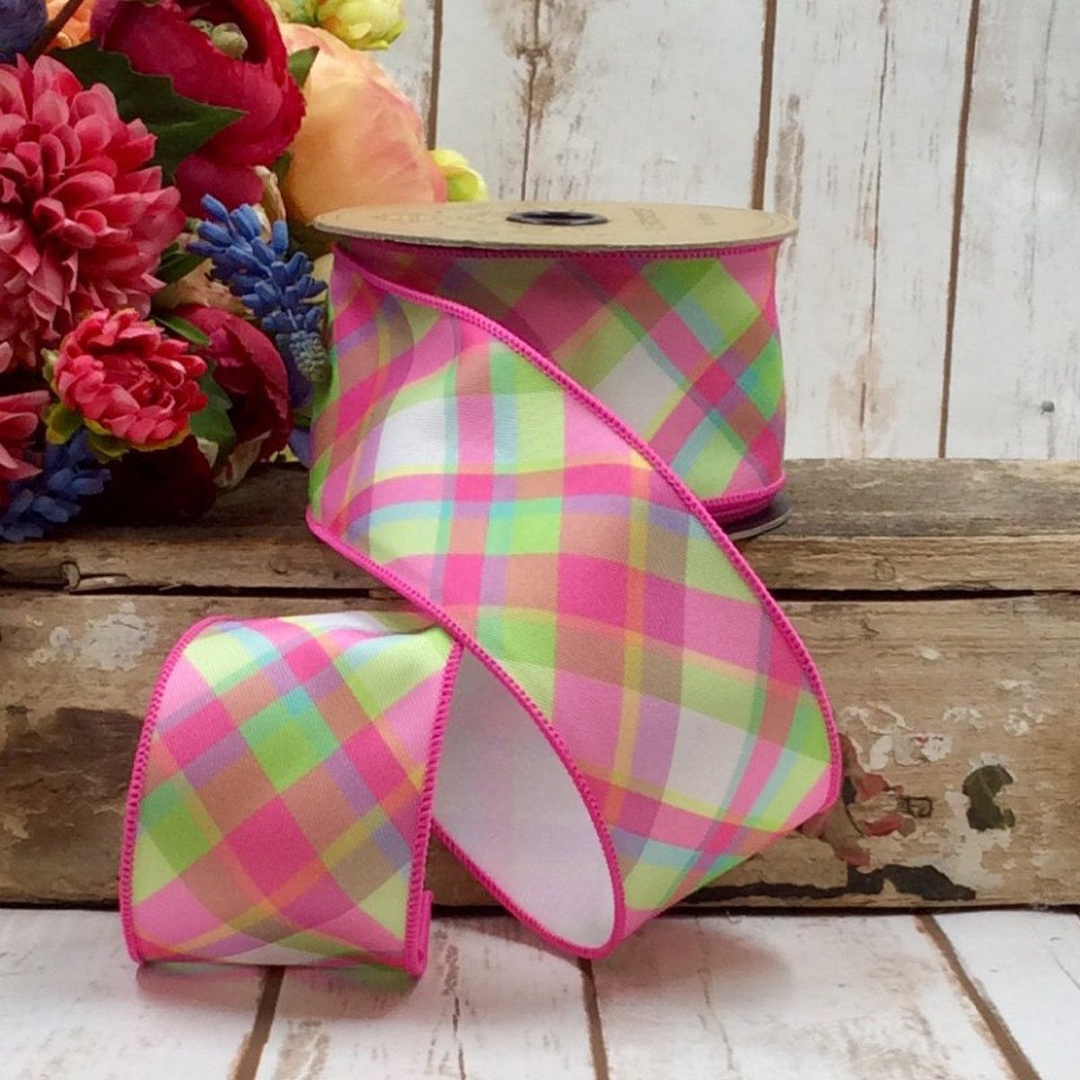 2.5 Hot Pink Diagonal Plaid, D. Stevens Ribbon, Designer Ribbon, Pink ...