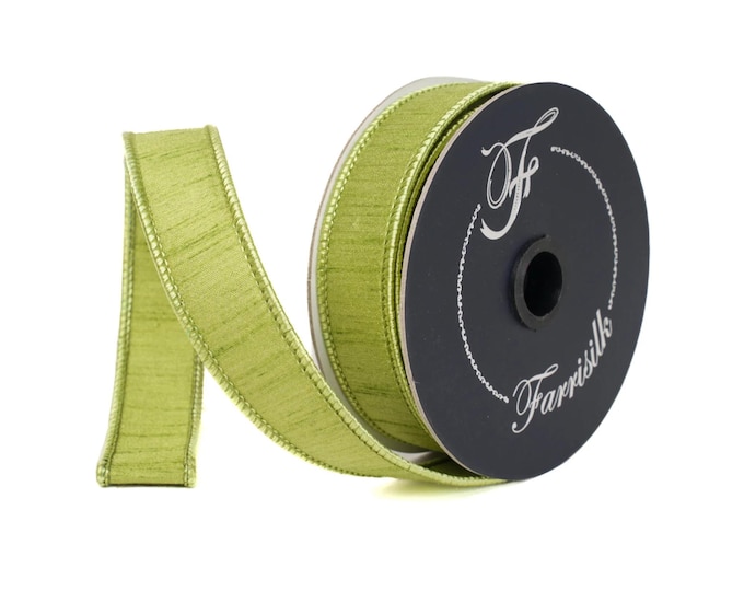 1" Moss Green Dupion Ribbon, Farrisilk Ribbon, Wired RIbbon, CHristmas RIbbon, Olive Green RIbbon, Lime Green Ribbon, RK608-61