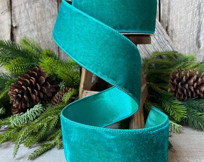 2.5" Teal Velvet Luster RIbbon, Farrisilk Ribbon, Velvet RIbbon, Wired RIbbon, Designer RIbbon, Velvet Ribbon, Christmas Velvet