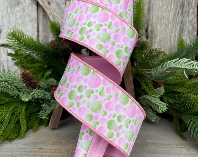 2.5" Pink Green Bubble Ribbon, Farrisilk Ribbon, Wired Ribbon, Love Bubbles Ribbon, Light Pink Green Ribbon, Spring Ribbon, SR054-32