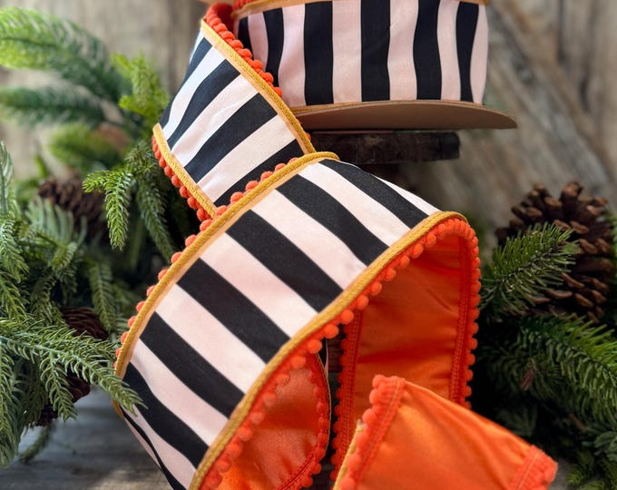 2.5" Halloween Ribbon, Striped Ribbon, Orange Ribbon, Wired Ribbon, Black White Stripe Halloween Ribbon