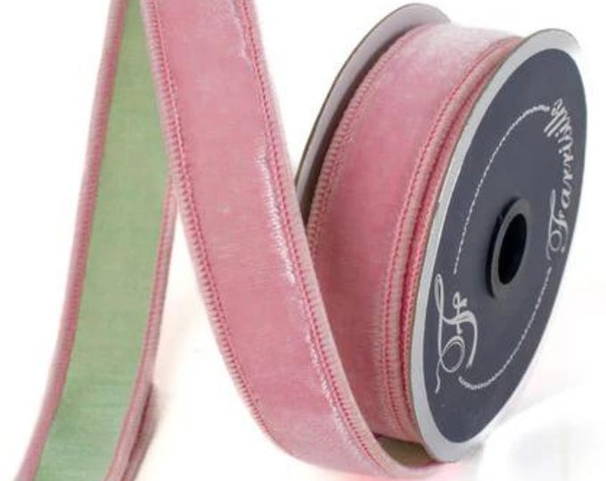 1" Pink Mint Green Velvet, Farrisilk Ribbon, Wired Ribbon, Pink Ribbon, Pink Mint Ribbon, Designer Ribbon, Narrow RIbbon, RK740-64