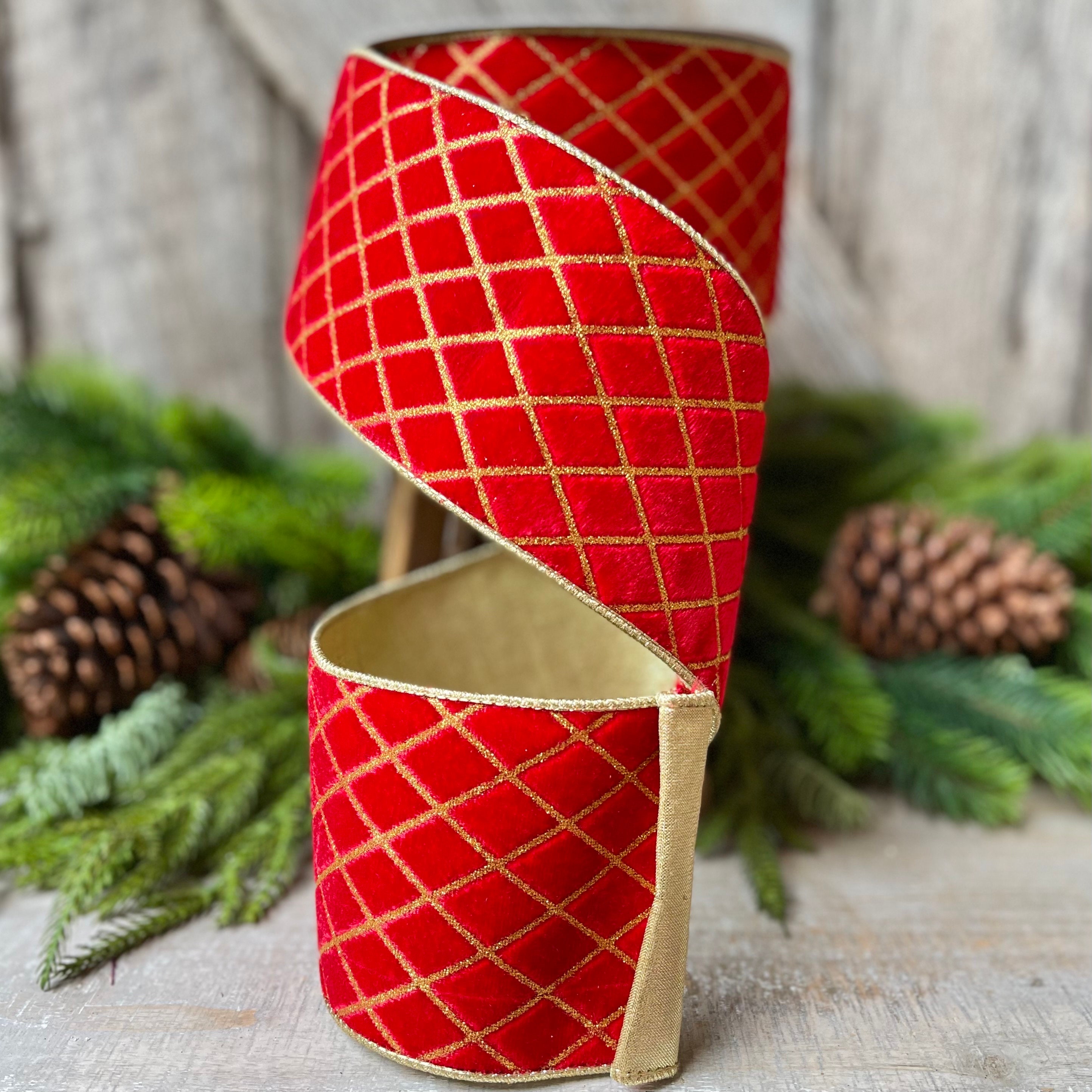 Red Rvelvet Ribbon 4 Red Gold Velvet Metallic Diamonds Ribbon, Farrisilk Ribbon, Red ...