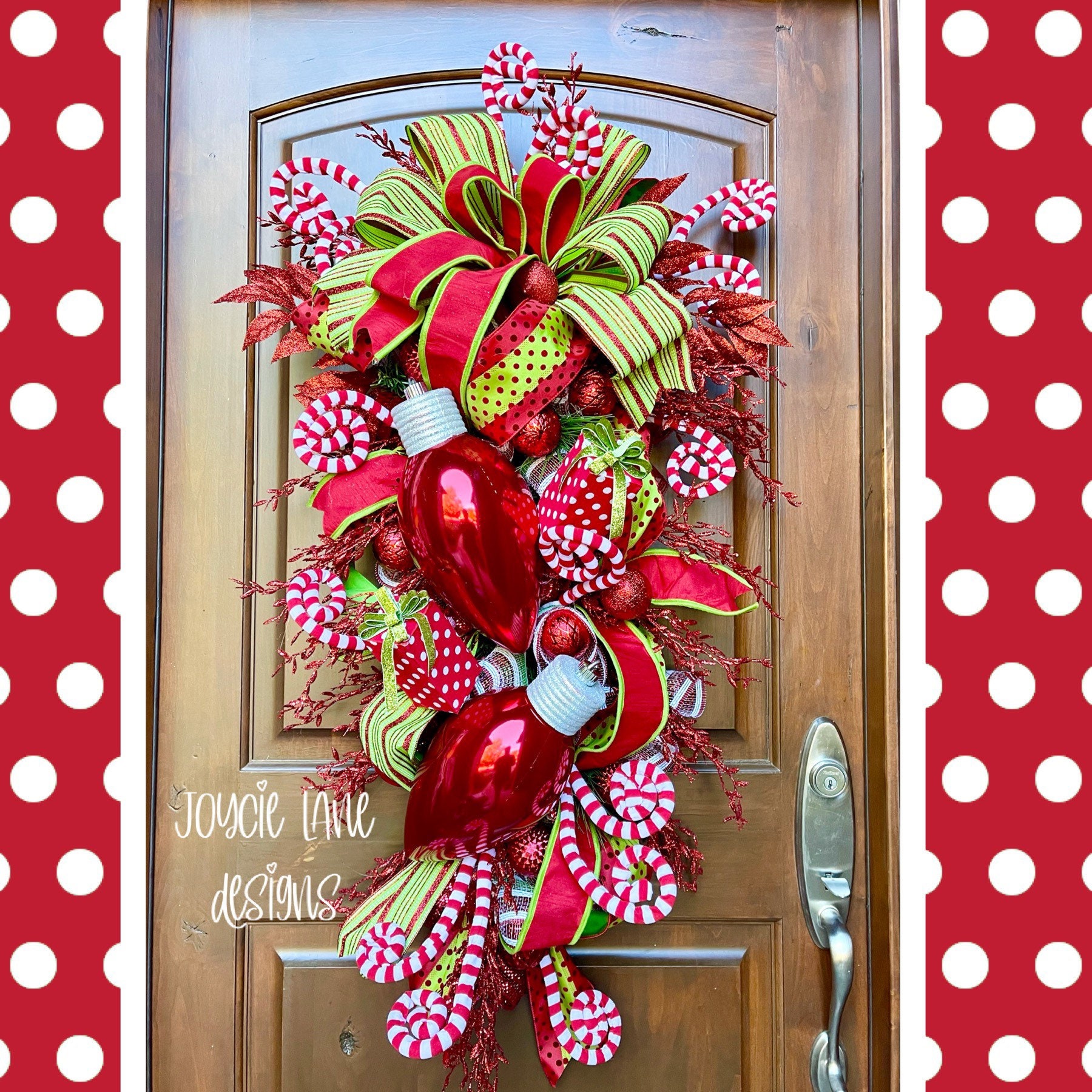 Whimsical Christmas swag, red lime green Christmas swag, Christmas