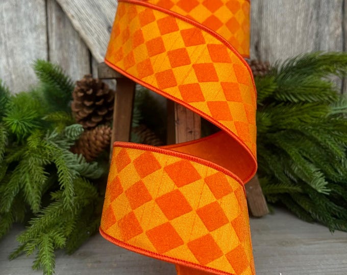2.5" Orange Retro Harlequin Ribbon, Farrisilk Ribbon, Flocked Ribbon,Halloween Ribbon, Wired RIbbon,Designer Ribbon, RK591-52