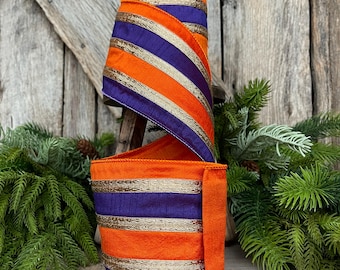 4" Halloween Ribbon, Wired Ribbon, Purple Orange Gold Ribbon, Halloween Decor, 94509W-884-10D