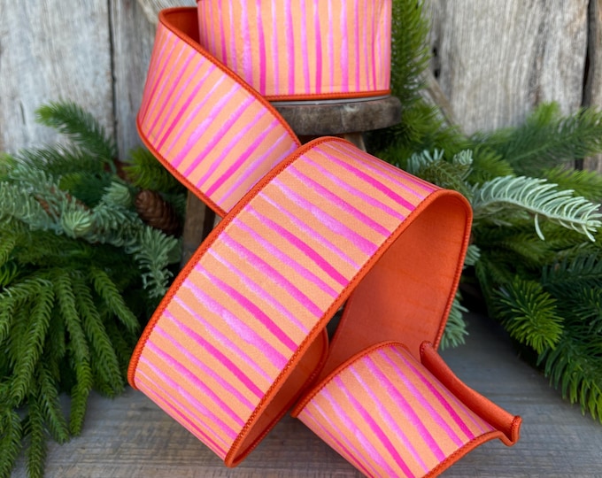 2.5" Orange Pink Stripe Ribbon, Farrisilk Ribbon, Wired Ribbon, Orange Bristle Stripes Ribbon, Spring Ribbon, Striped Ribbon, SR079-52
