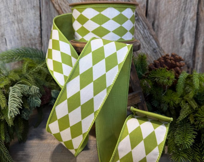 2.5" Green Harlequin Ribbon, Fall Ribbon, Christmas Ribbon, Diamond Pattern