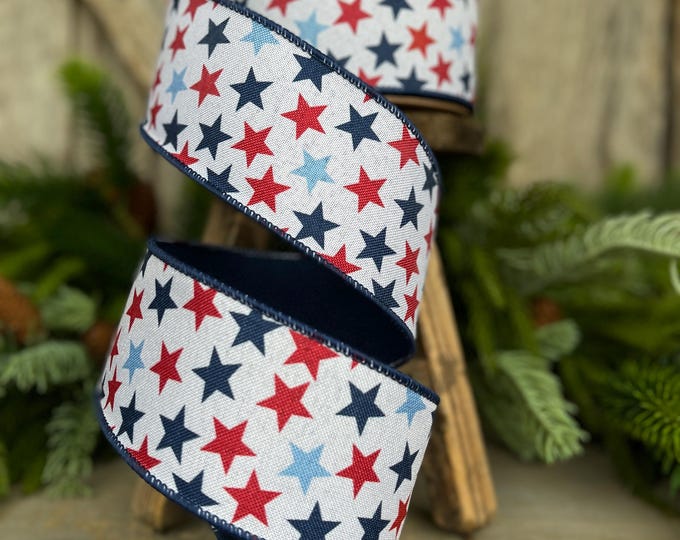 2.5" Patriotic Ribbon, Wired Ribbon, Stars Ribbon, Americana Ribbon, USA Ribbon, 4th of July RIbbon, Ribbon for bows, Wreath supply