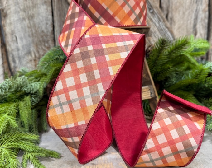 2.5 Inch Red Orange Plaid Wired Ribbon, Dupioni, 10 Yard Roll