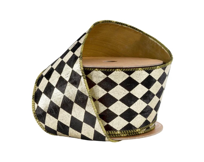 2.5" Black Gold Harlequin Ribbon, Diamond Ribbon, Black Gold Ribbon