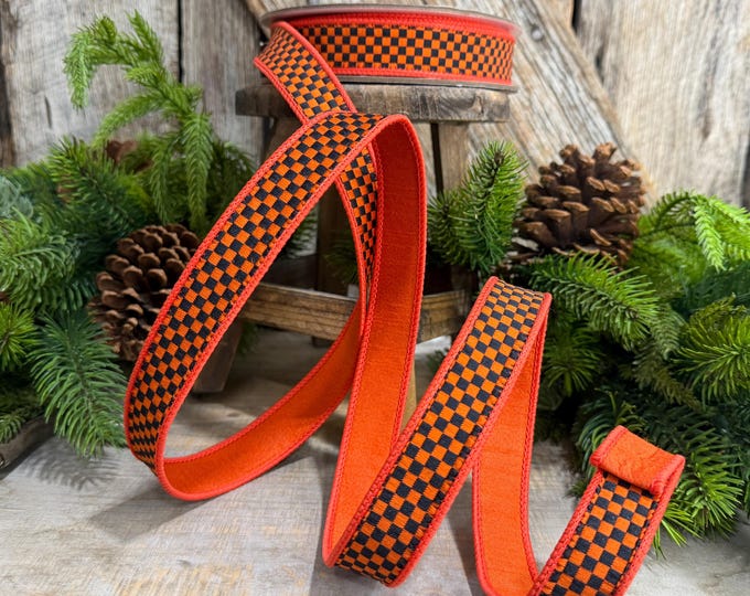 1" Orange Black Check Ribbon, Halloween Ribbon, Fall Ribbon, Farrisilk Kitschy Checks, RK848-87